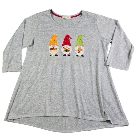 Cute Garden Gnome Autumn Fall Top Women's 2XL Gray 3/4 Sleeve Floral Holiday Fun - Picture 1 of 10